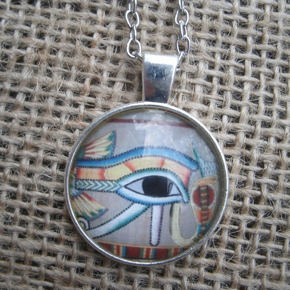 Egyptian Eye of Ra Udjat Glass Cabochon Pendant Necklace